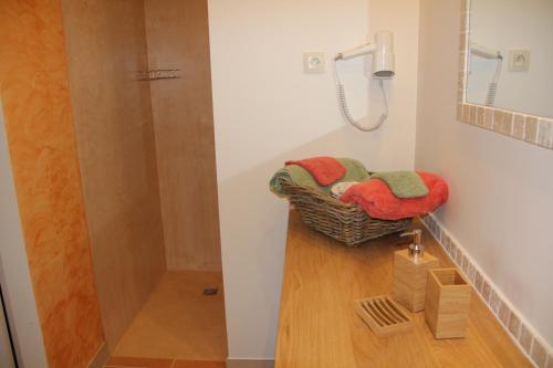 La salle de bains est pourvue d'une douche et d'un panier avec des serviettes. dans l'établissement Les Jardins de Soulane B&B - Adults only, à Belcastel-et-Buc
