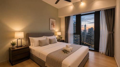 a bedroom with a large bed with a large window at STAR Residence KLCC - Dreamland Holiday Home in Kuala Lumpur