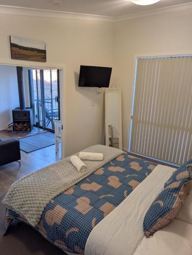 a bedroom with a large bed and a television at Clever Kid Wines Vineyard Cottages in Ballandean
