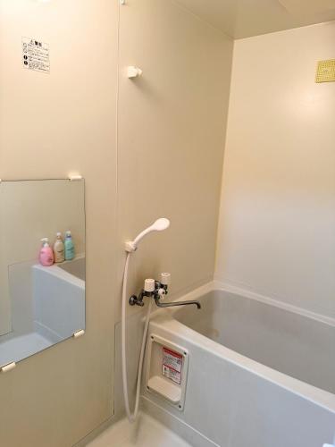 a bathroom with a bath tub with a mirror at The Lodge In Sapporo in Sapporo