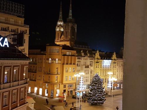 a christmas tree in front of a building at night at Stars of Zagreb Apartments in Zagreb