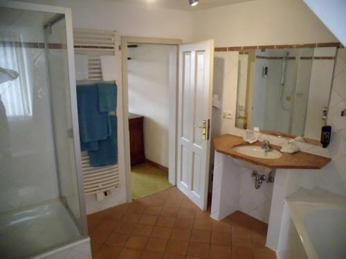 a bathroom with a sink and a shower at Hotel Freihof in Wiesloch