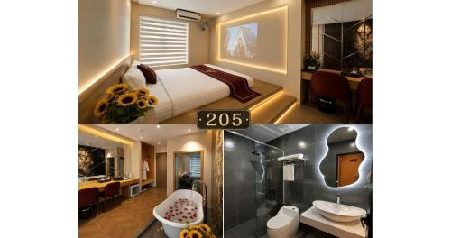 two pictures of a hotel room with a bed and a bathroom at Rosy Hotel 8 in Yên Lô