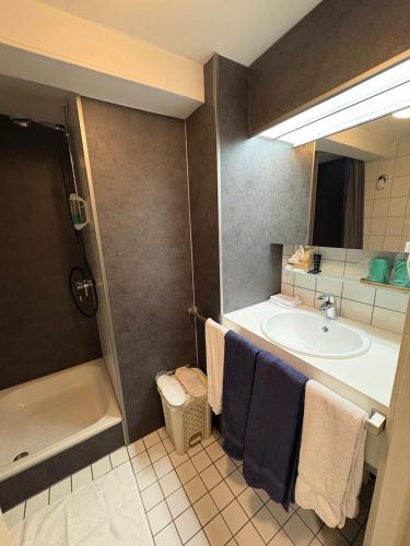 a bathroom with a sink and a toilet and a tub at De Post B&B Restaurant in Klimmen