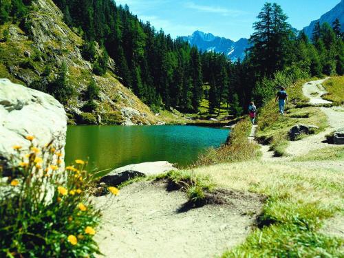 two people walking on a path next to a lake at Chalet in Heremence with Stunning Alpine Views in Hérémence