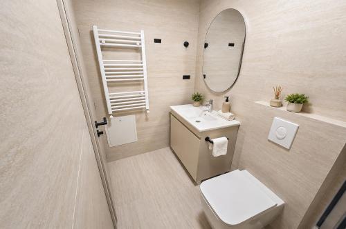 a bathroom with a toilet and a sink and a mirror at NOCE Luxury Apartments in Ohrid