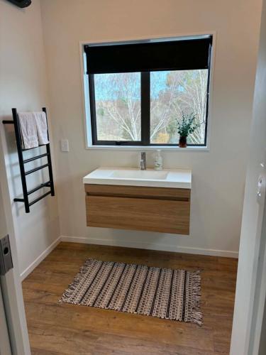 a bathroom with a sink and a window and a rug at Clydesvale Apartment in Clyde