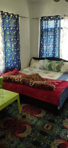 a bedroom with a bed with blue curtains and a rug at Derban guest house in Srinagar