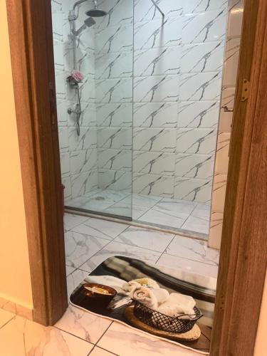 a bathroom with a shower with a glass door at Tarek in Oran