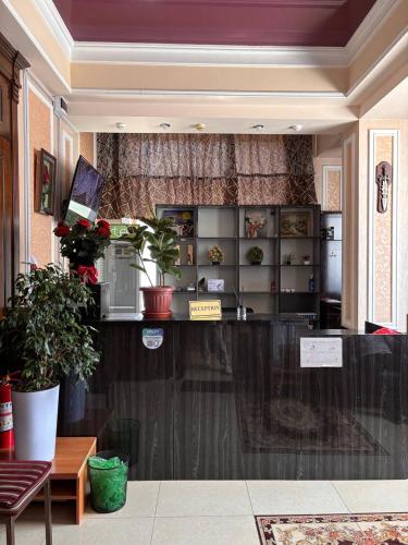 a room with a counter with plants and a window at Отель "VOSTOK" in Yalanghoch