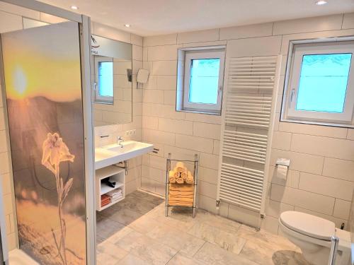 a bathroom with a shower and a sink and a toilet at Piz Arina Inklusiv Premium - Card in Galtür