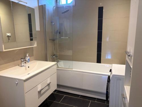 a bathroom with a sink and a tub and a shower at Ferienwohnung Zum alten Postamt in Mörbisch am See