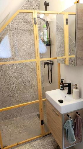 a shower in a bathroom with a sink at Fresh romance by the river in Bohinj