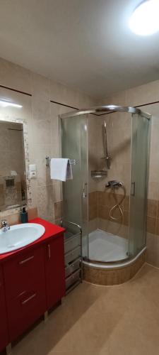 a bathroom with a shower and a sink and a tub at Domek w Sielpi in Sielpia Wielka