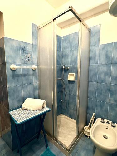 a bathroom with a shower and a toilet at Appartamento con terrazza vista mare nel borgo in Framura