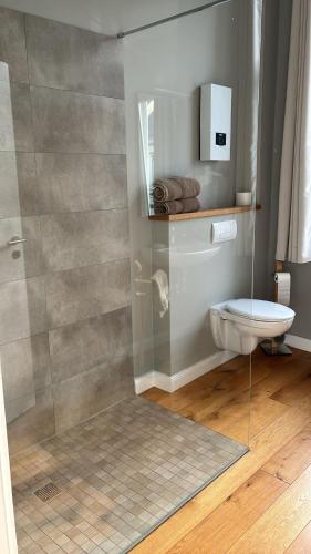 a bathroom with a toilet and a glass shower at Gästehaus LeLo 6 in Solingen