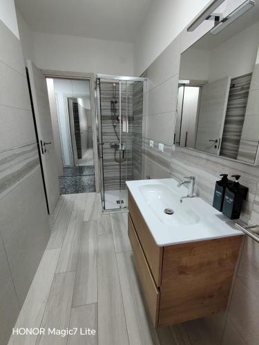 a bathroom with a sink and a shower and a mirror at Brezza Marina in Tortoreto Lido