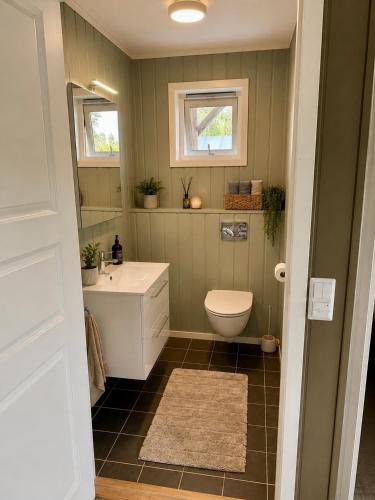a bathroom with a toilet and a sink and two windows at Willes Wellness Paradise in Herjenes
