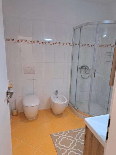 a bathroom with a shower and a toilet and a bidet at Dorea in Jagodje