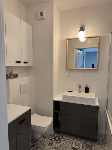 a bathroom with a sink and a toilet and a mirror at Di Trevi Apartment in Wrocław