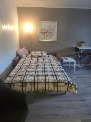a bedroom with a bed and a table and a lamp at Airport Central Apartment in Alta