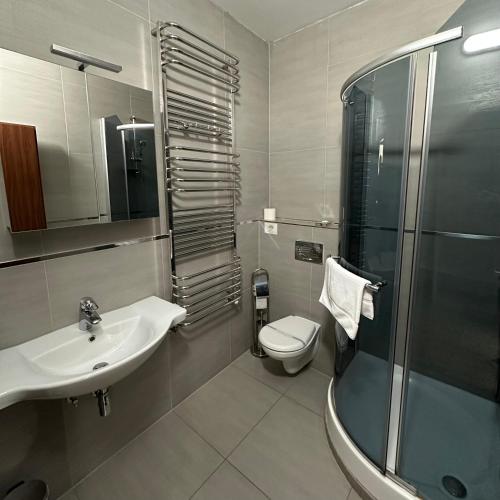 a bathroom with a toilet and a sink and a shower at Penzion Laskala in Tišnov