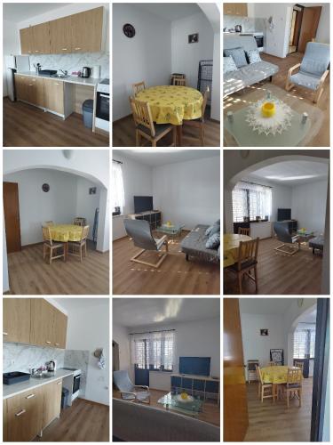 a collage of photos of a kitchen and a living room at Apartman Jure in Jablanac