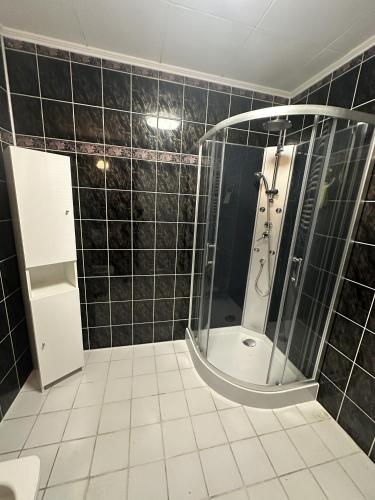 a black tiled bathroom with a shower and a toilet at Maziarówka in Basznia Dolna