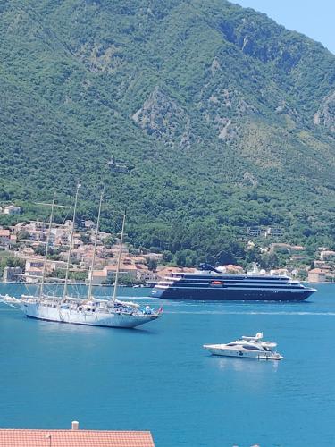 a boat and a cruise ship in a body of water at Apartment Bay View in Kotor