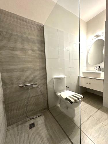 a bathroom with a shower with a toilet and a sink at Bliss Getaway Near Protaras in Paralimni