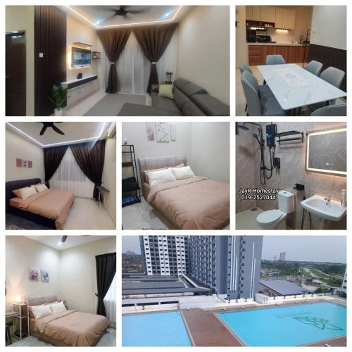 a collage of photos of a hotel room with a pool at JayR Homestay Ambience Residence in Malacca