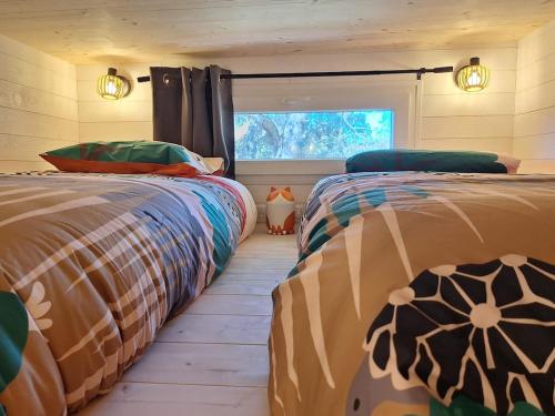 two beds in a room with a window at Tiny House L'esquirou in Pourrières