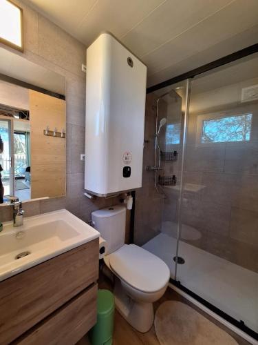 a bathroom with a toilet and a sink and a shower at Tiny House L'esquirou in Pourrières