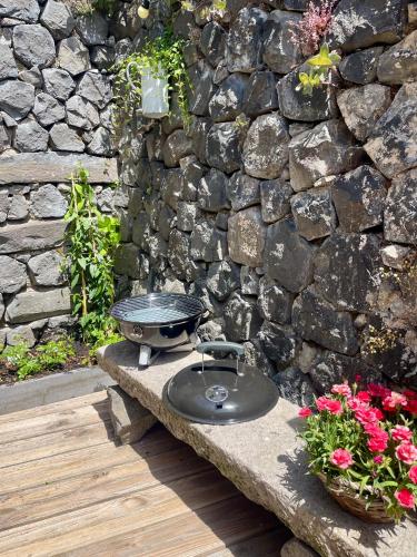 a grill sitting on a stone wall next to flowers at Abri Tiny House in Murat