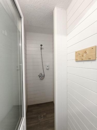 a shower in a bathroom with a white wall at Mūsa Kemping in Bauska