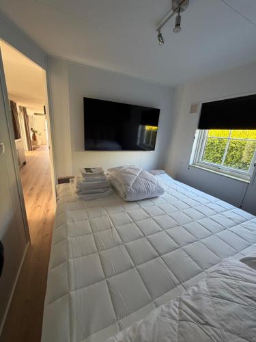 ein Schlafzimmer mit einem großen weißen Bett und einem Flachbildfernseher in der Unterkunft It Paradys in Dronrijp
