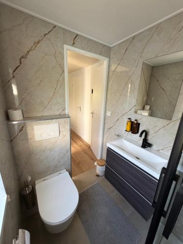 ein Badezimmer mit weißer Toilette und Waschbecken in der Unterkunft It Paradys in Dronrijp