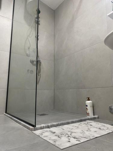 a shower with a glass door and a rug at Rena Comfort Apartment in Bar