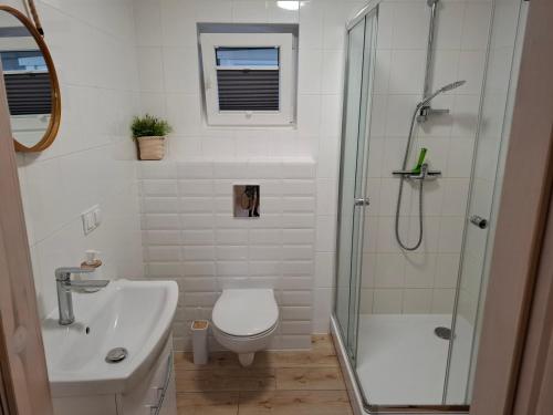 a bathroom with a shower and a toilet and a sink at Domek nad morzem Jerzyk 506-385-791 in Stegna