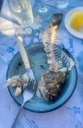 a blue plate with a piece of fish and a knife and fork at Almyra Summer Homes in Ierapetra