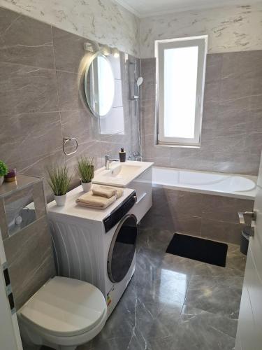 a bathroom with a sink and a toilet and a tub at Cozy apartment! in Floreşti
