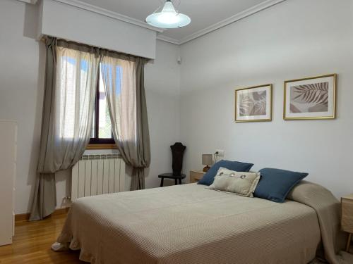a bedroom with a bed with blue pillows and a window at Casita Arnoia in Allariz