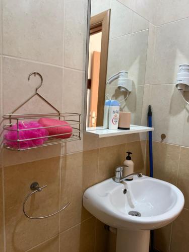 a bathroom with a sink and a mirror at Jorgovan in Bečići