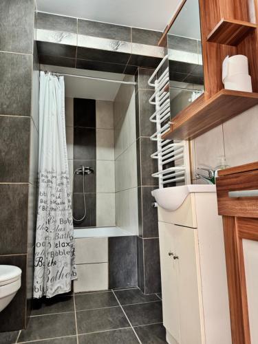 a small bathroom with a shower and a toilet at Pokoje pod winogronami in Płoty