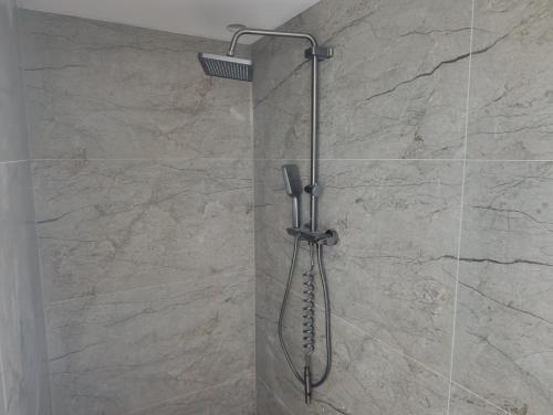 a shower with a shower head in a bathroom at PokojeS12 in Chełm
