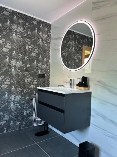 a bathroom with a sink and a mirror at Bella's Eden in Grimma