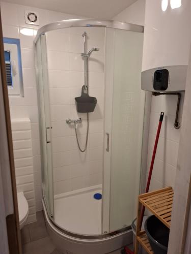 a shower stall in a bathroom with a toilet at Domek nad morzem 79 in Stegna