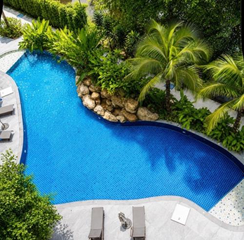 an overhead view of a swimming pool with chairs and palm trees at The Title Residencies Naiyang in Phuket