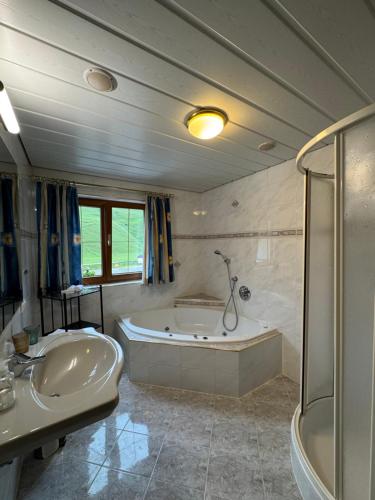 a large bathroom with a tub and a sink at Haus Krone in Lähn