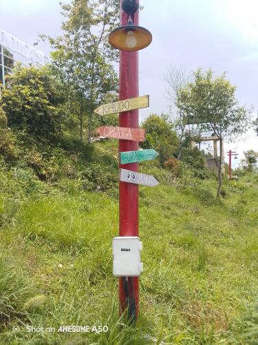 a street sign with signs on it in the grass at Kotheybari homestay in Pakhyong